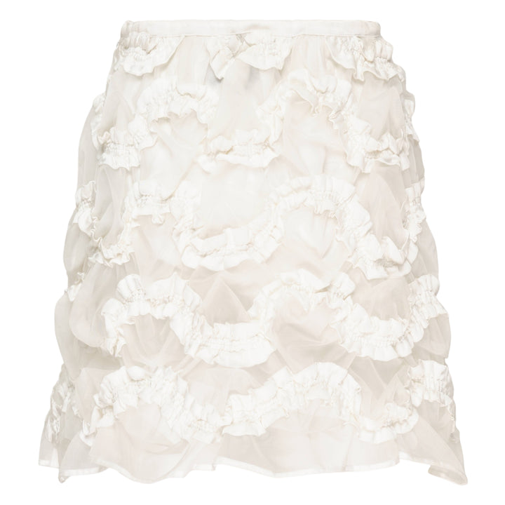 Hisu Park Glass Mini Skirt in white, featuring cascading sheer organza ruffles in undulating rows against a light grey background - view 2