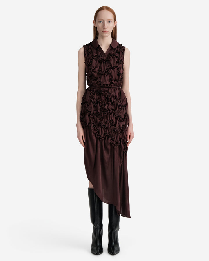 Hisu Park Jenny Skirt in deep burgundy satin with ruched floral-style gathered detailing on the upper skirt and an asymmetric draped midi hem - view 3