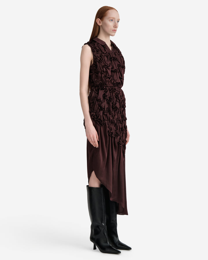 Hisu Park Jenny Skirt in deep burgundy satin with ruched floral-style gathered detailing on the upper skirt and an asymmetric draped midi hem - view 4