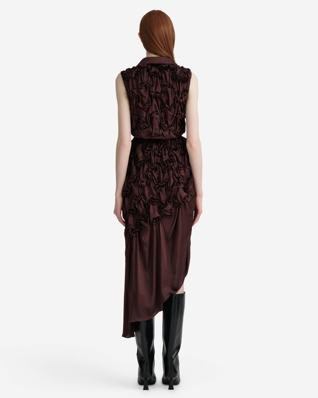 Hisu Park Jenny Skirt in deep burgundy satin with ruched floral-style gathered detailing on the upper skirt and an asymmetric draped midi hem - view 5