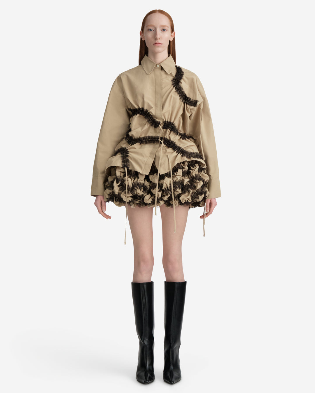 Hisu Park Savy Drawstring Shirt in beige cotton with sweeping black tulle ruffle appliqué wave detailing across the front and adjustable drawstring hem ties - view 4
