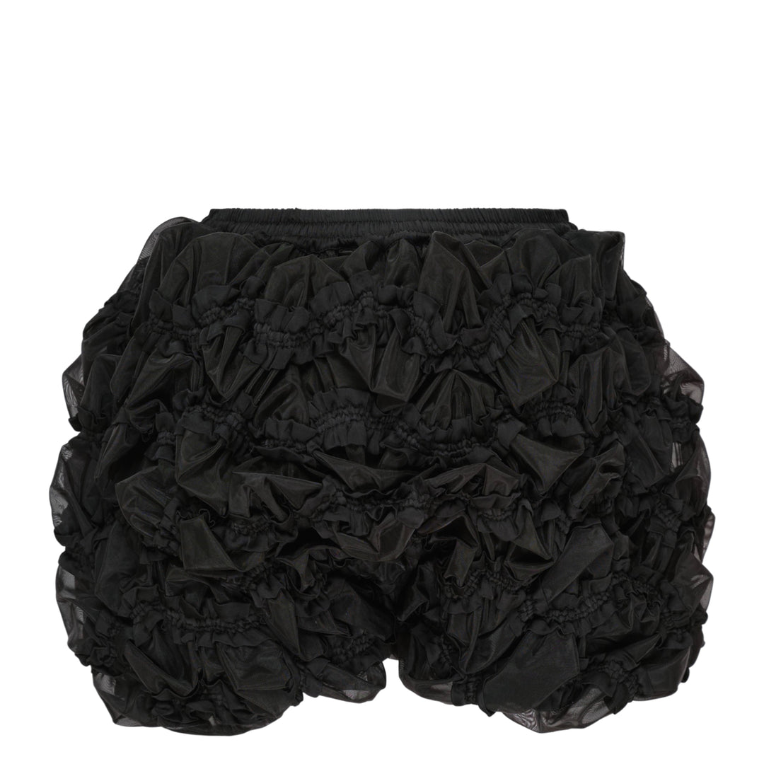 Hisu Park Glass Shorts in black — heavily ruffled organza-effect mini shorts with elasticated waistband, drawstring tie, and smocked detailing throughout - view 2