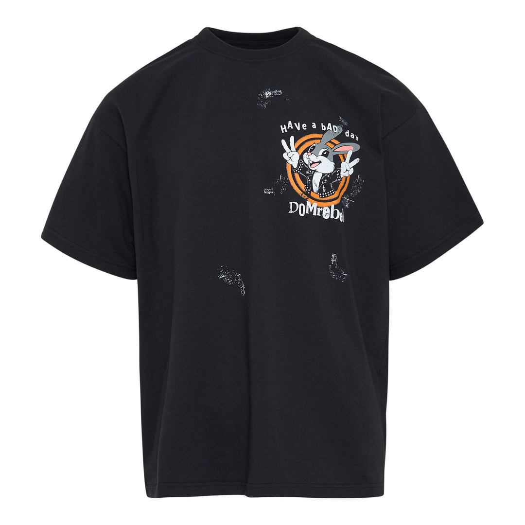 Domrebel Have A Bad Day black oversized short sleeve tee with punk cartoon bunny graphic and distressed all-over print detailing