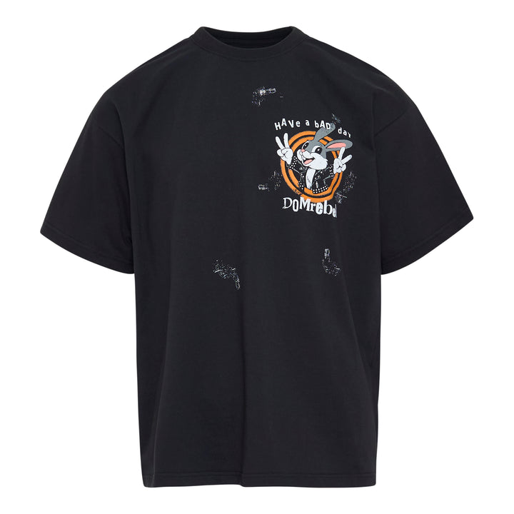 Domrebel Have A Bad Day black oversized short sleeve tee with punk cartoon bunny graphic and distressed all-over print detailing