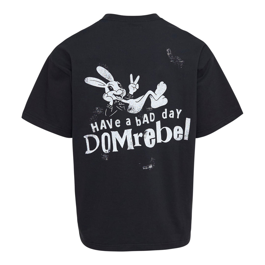 Domrebel Have A Bad Day black oversized short sleeve tee with punk cartoon bunny graphic and distressed all-over print detailing