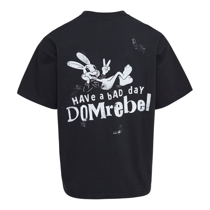 Domrebel Have A Bad Day black oversized short sleeve tee with punk cartoon bunny graphic and distressed all-over print detailing