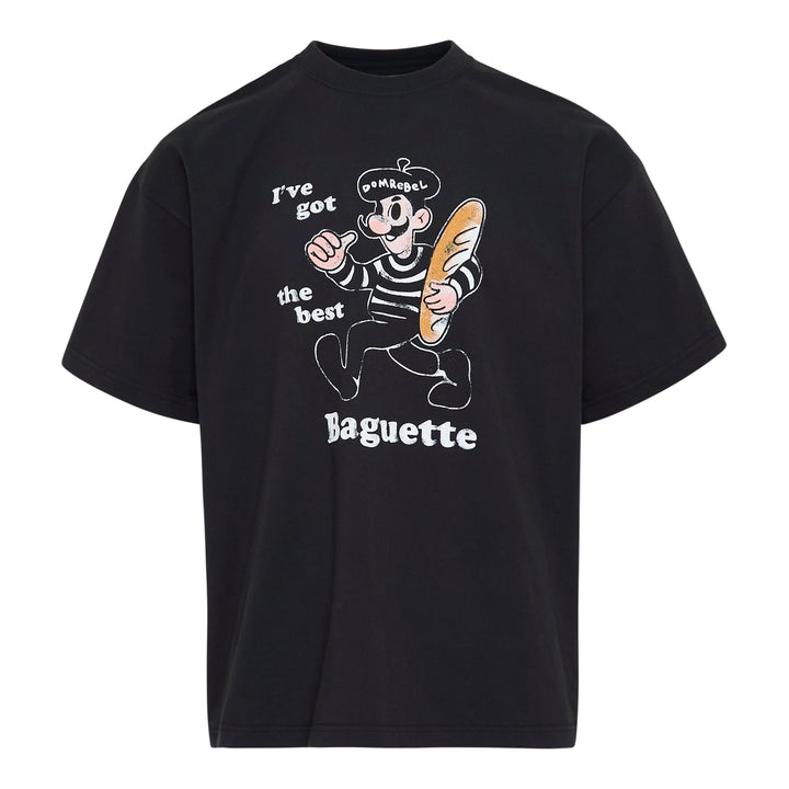 Domrebel Baguette Graphic Tee in black, featuring a vintage-style cartoon illustration of a French character holding a baguette with the text 'I've got the best Baguette', shown on a relaxed crew-neck short sleeve tee