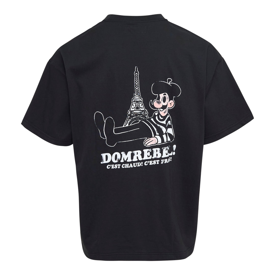 Domrebel Baguette Graphic Tee in black, featuring a vintage-style cartoon illustration of a French character holding a baguette with the text 'I've got the best Baguette', shown on a relaxed crew-neck short sleeve tee