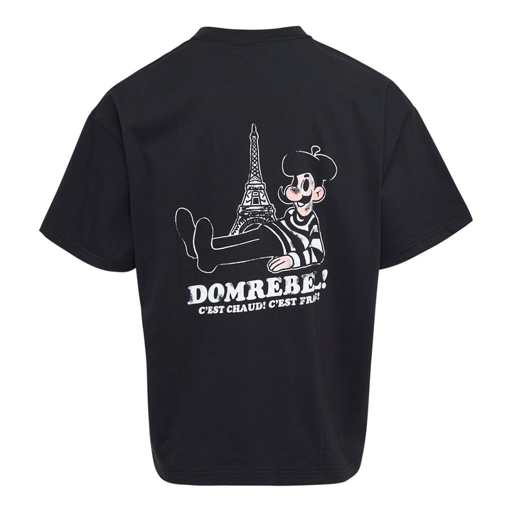 Domrebel Baguette Graphic Tee in black, featuring a vintage-style cartoon illustration of a French character holding a baguette with the text 'I've got the best Baguette', shown on a relaxed crew-neck short sleeve tee