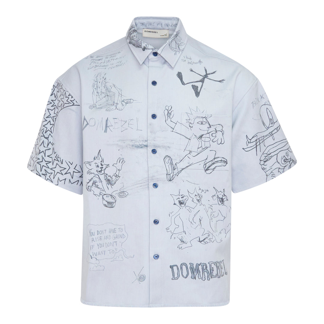 Domrebel short sleeve button-up shirt in light blue with all-over hand-drawn graffiti sketch print featuring cartoon characters, star motifs, and hand-lettered text phrases