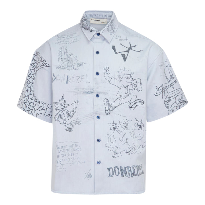 Domrebel short sleeve button-up shirt in light blue with all-over hand-drawn graffiti sketch print featuring cartoon characters, star motifs, and hand-lettered text phrases