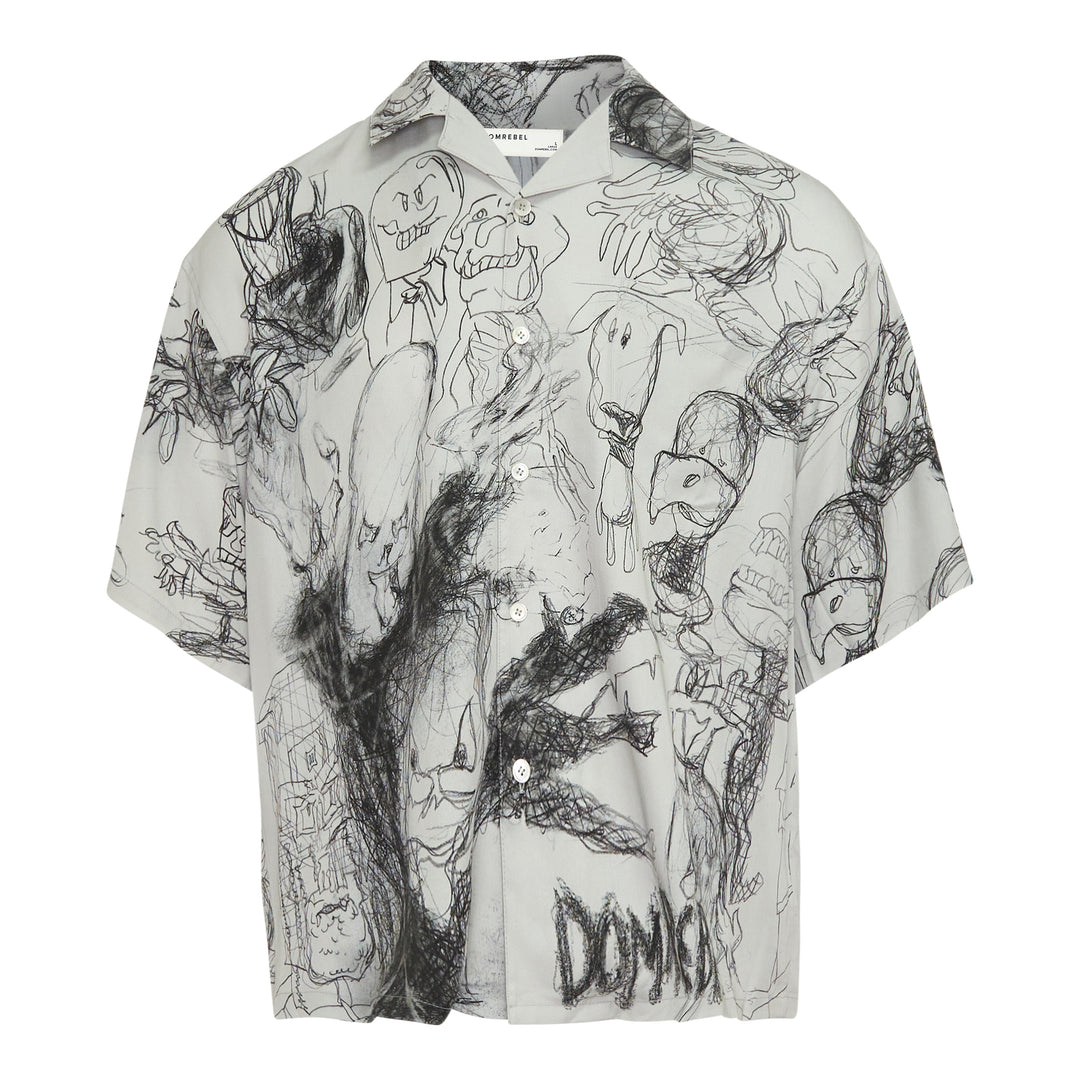 Domrebel Camp Collar Short Sleeve Shirt in light grey with an all-over dark ink hand-drawn sketch graphic print featuring grotesque faces and abstract figures, shown flat on a white background