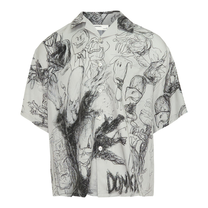 Domrebel Camp Collar Short Sleeve Shirt in light grey with an all-over dark ink hand-drawn sketch graphic print featuring grotesque faces and abstract figures, shown flat on a white background