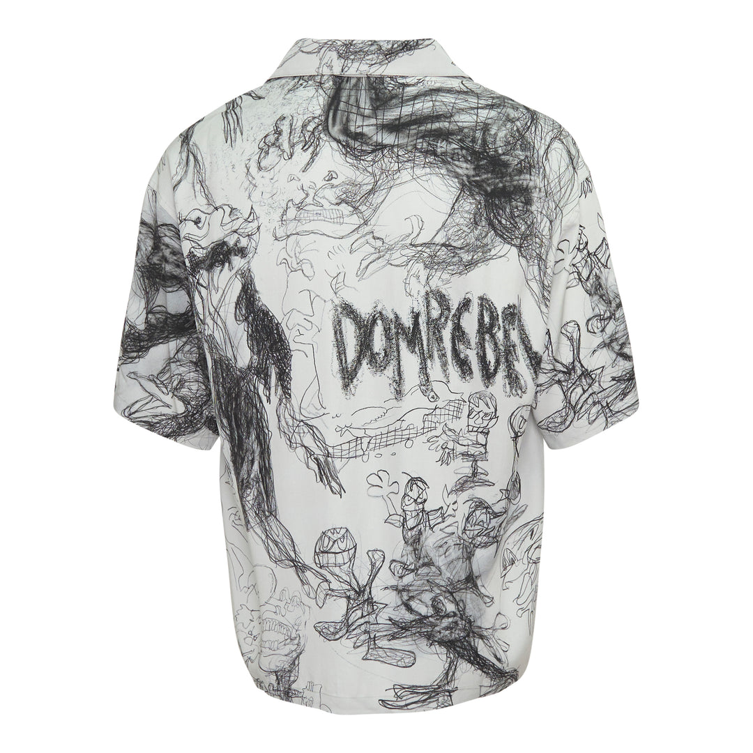 Domrebel Camp Collar Short Sleeve Shirt in light grey with an all-over dark ink hand-drawn sketch graphic print featuring grotesque faces and abstract figures, shown flat on a white background