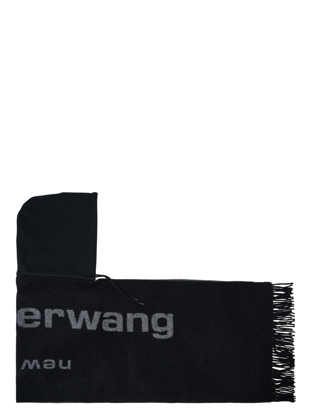 Alexander Wang black hooded logo scarf with grey jacquard branding, drawstring hood and fringed ends - view 2