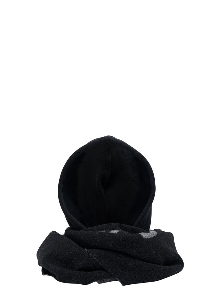 Alexander Wang black hooded logo scarf with grey jacquard branding, drawstring hood and fringed ends - view 3