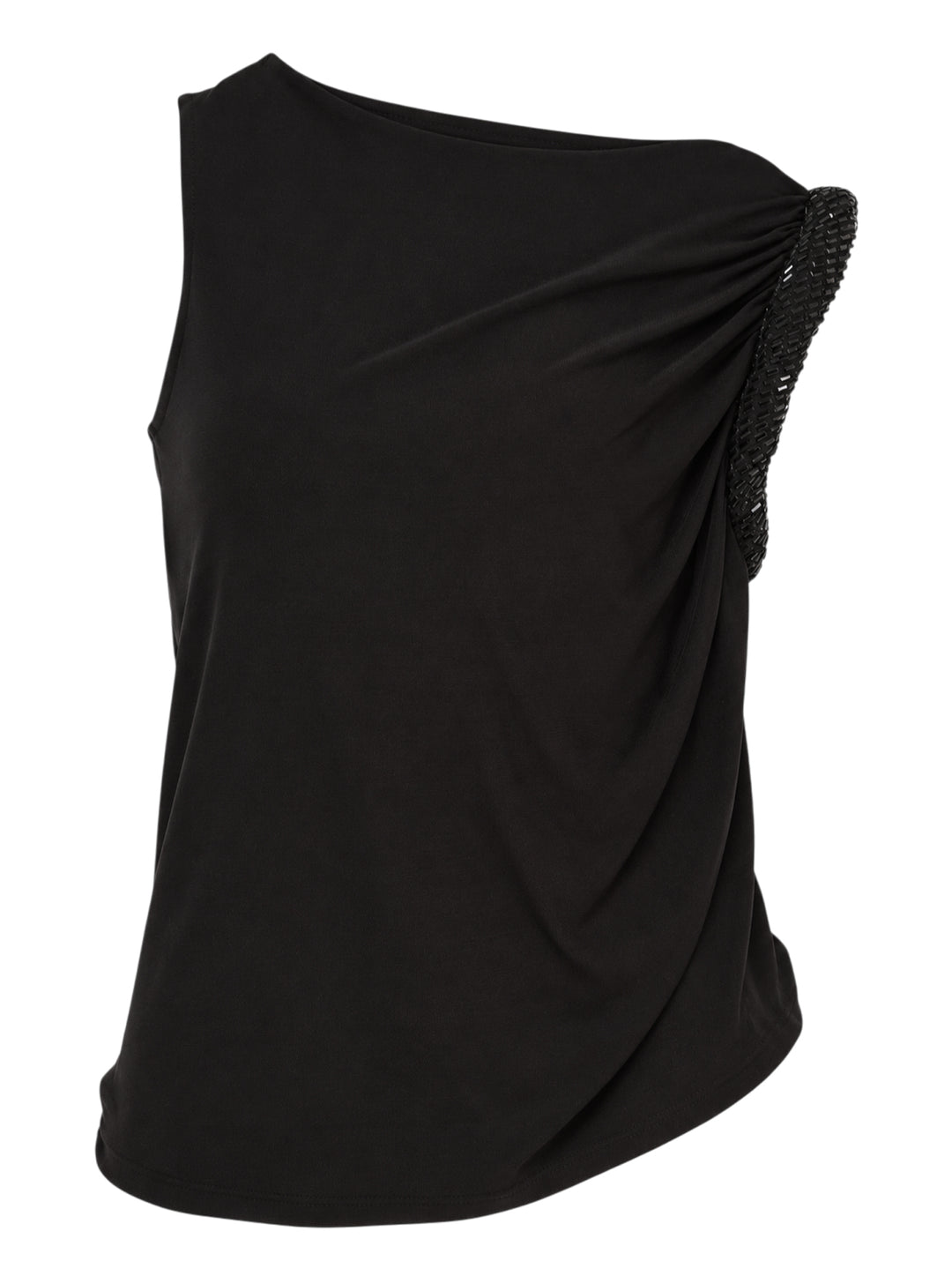 Alexander Wang black sleeveless one-shoulder top with gathered twist detail and hotfix embellished trim