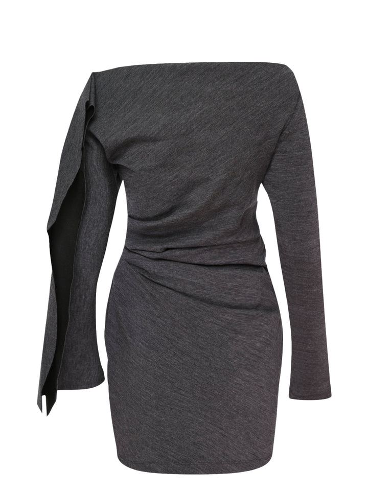 Alexander Wang asymmetric drape long sleeve mini dress in heathered charcoal jersey with off-shoulder neckline and ruched waist - view 2