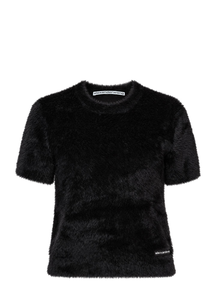 Alexander Wang black faux fur short sleeve crew neck tee with logo label at neckline and hem patch