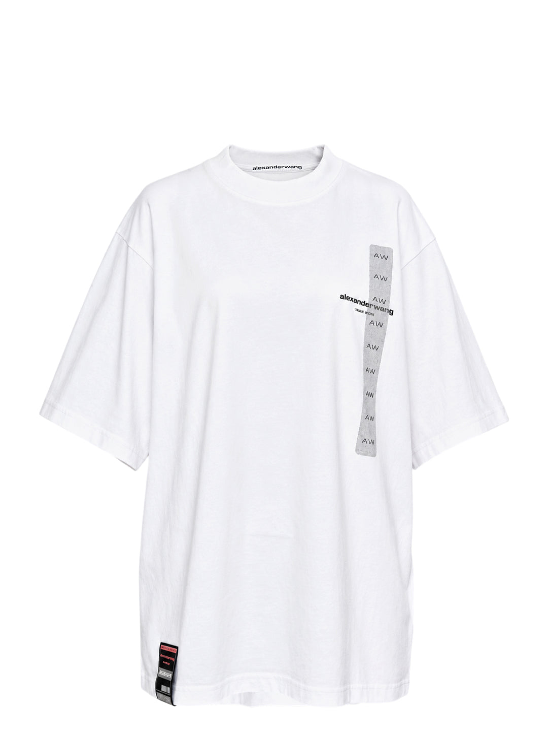 White oversized short sleeve tee by Alexander Wang with a vertical grey AW flasher graphic and logo print on the chest