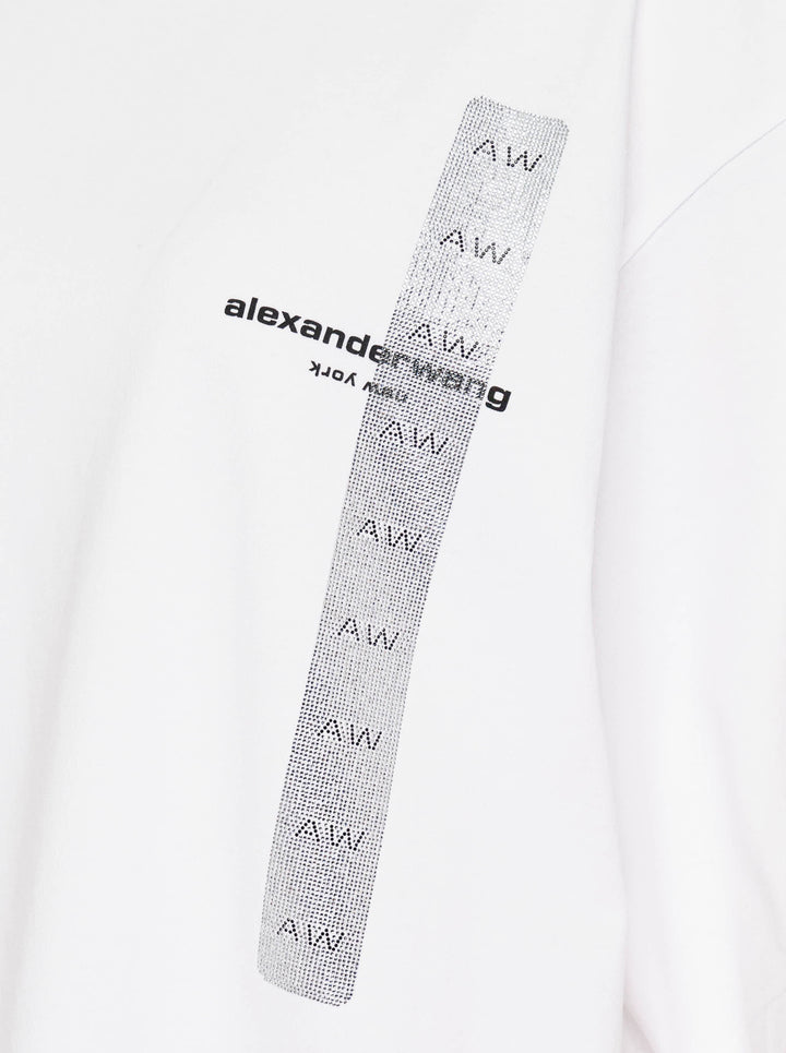 White oversized short sleeve tee by Alexander Wang with a vertical grey AW flasher graphic and logo print on the chest - view 3