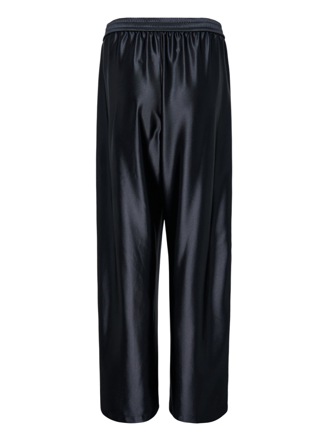 Alexander Wang mid-rise black glossy track pants with embossed side logo panels and elasticated waistband, shown from the front - view 2