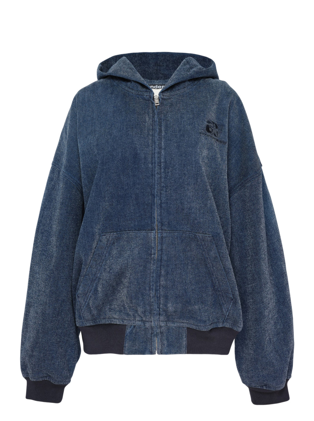 Alexander Wang oversized zip-up hoodie in washed indigo brushed denim with ribbed navy cuffs and hem, front pockets and embroidered chest logo