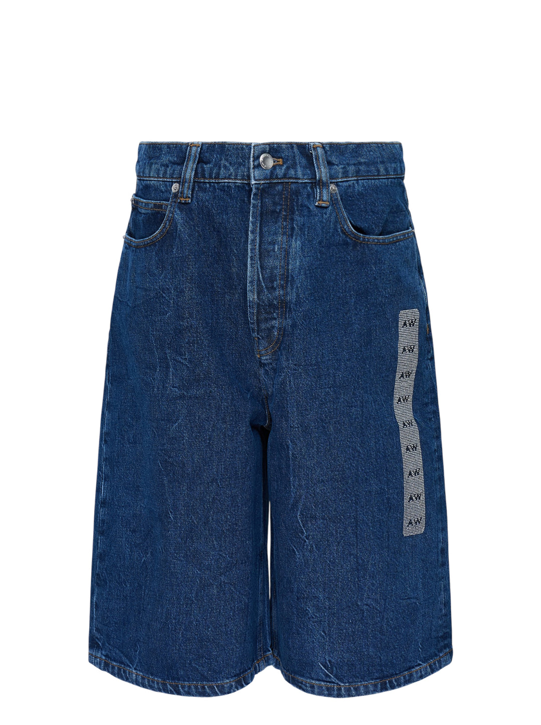 Alexander Wang low rise indigo denim board shorts with button fly and crystal-embellished AW logo strip