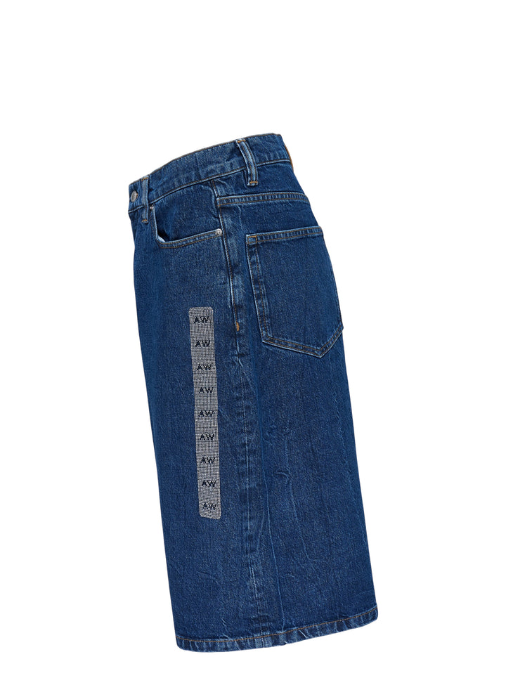 Alexander Wang low rise indigo denim board shorts with button fly and crystal-embellished AW logo strip - view 2