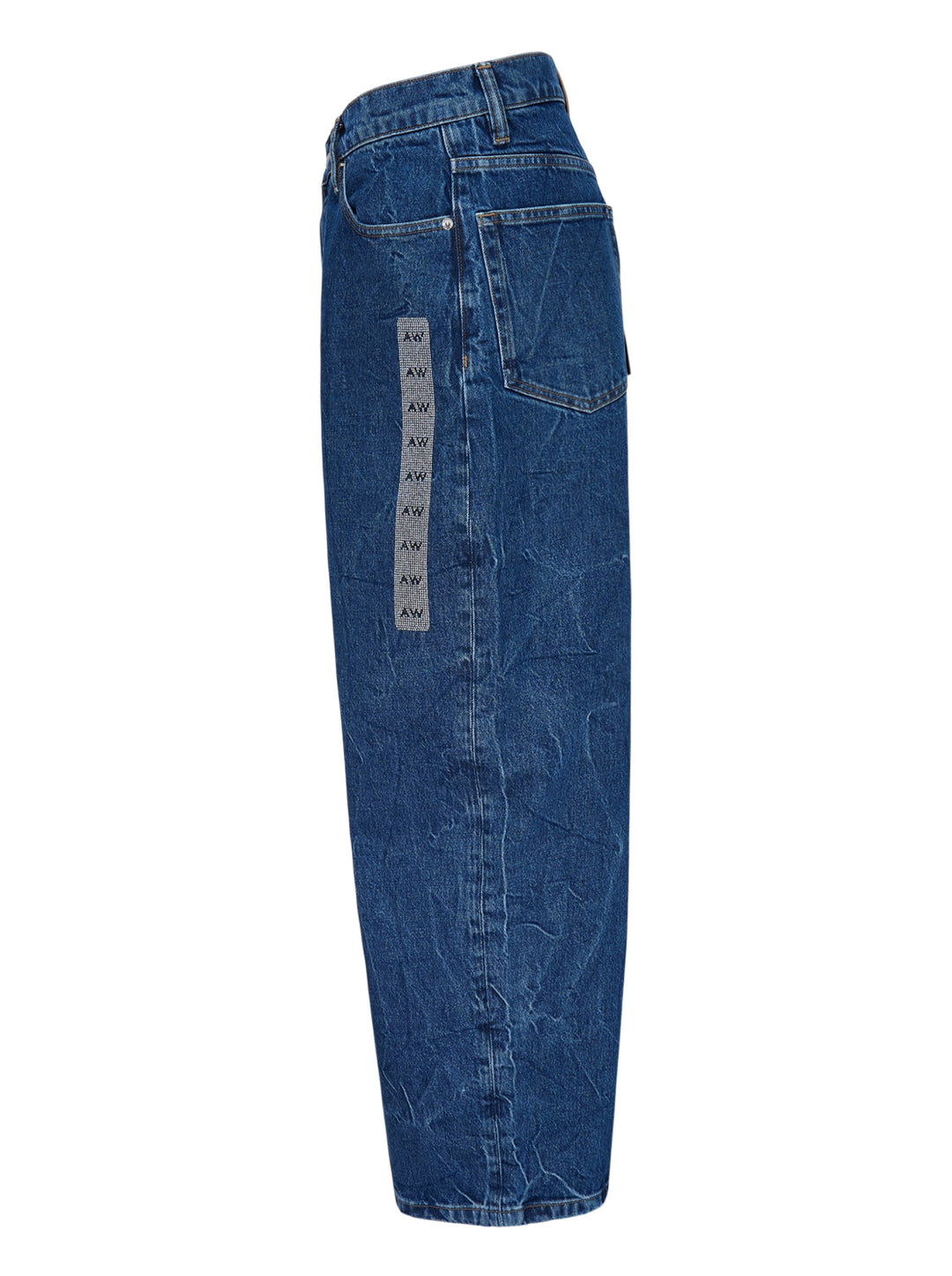 Alexander Wang unisex wide-leg jeans in crinkled mid-blue denim with a woven AW monogram flasher at the hip - view 3