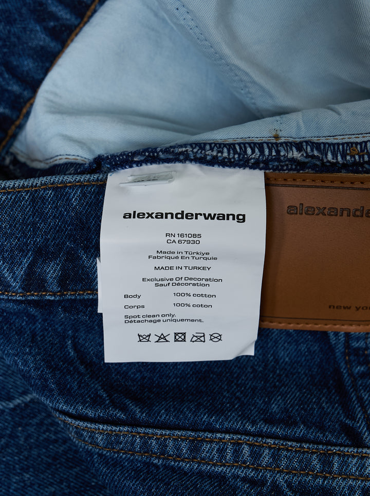 Alexander Wang unisex wide-leg jeans in crinkled mid-blue denim with a woven AW monogram flasher at the hip - view 4