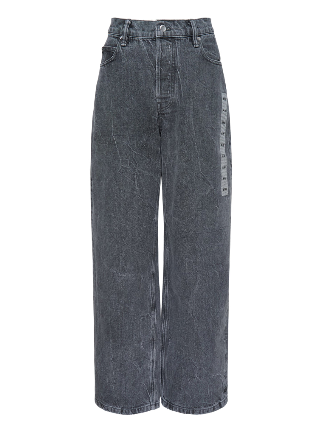 Alexander Wang unisex wide-leg jeans in washed charcoal denim with woven AW flasher label detail, front view