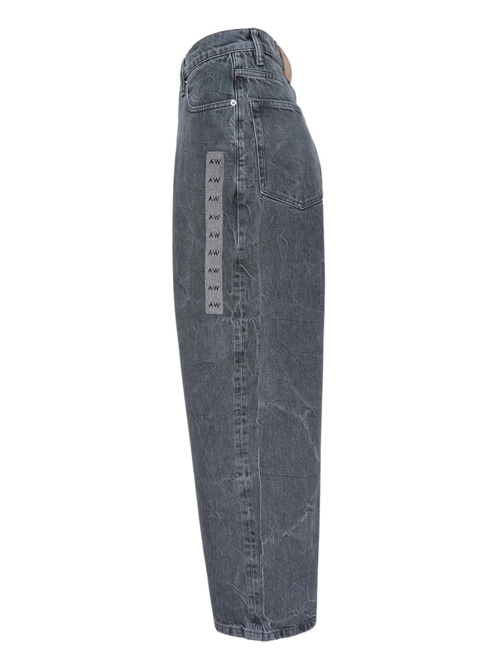 Alexander Wang unisex wide-leg jeans in washed charcoal denim with woven AW flasher label detail, front view - view 3