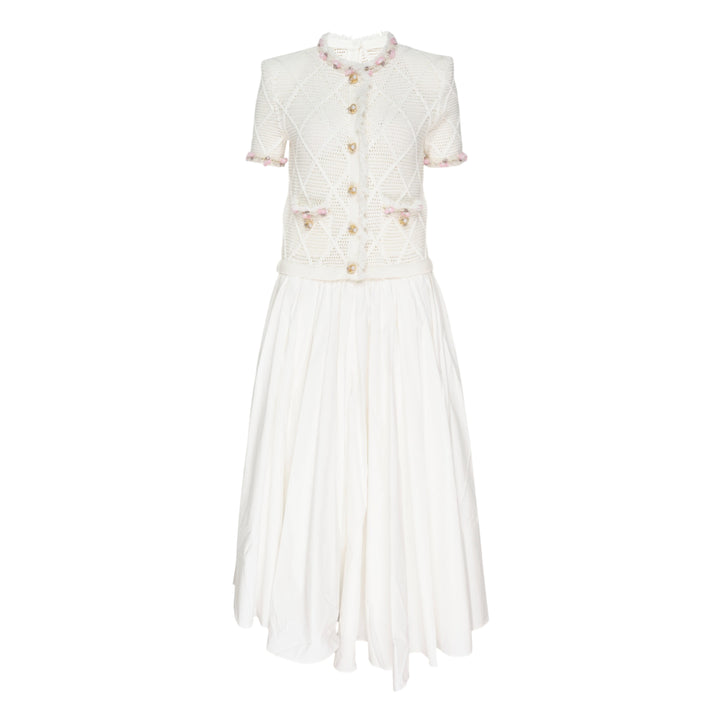 Cream Fringe Knit Cotton Midi Dress