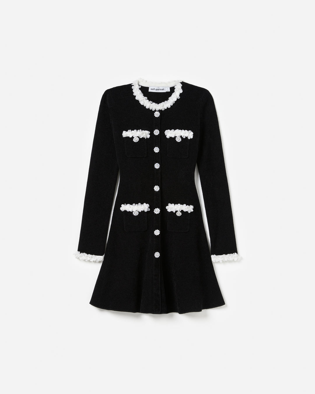 Black Chenille Knit Flower Trim Mini Dress