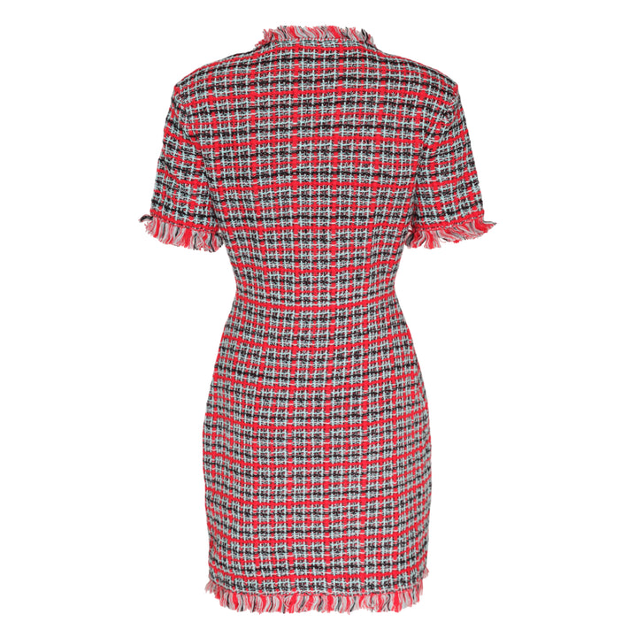 Red Check Frayed Knit Mini Dress