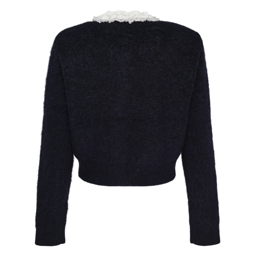 Navy Flower Pearl Trim Knit Cardigan