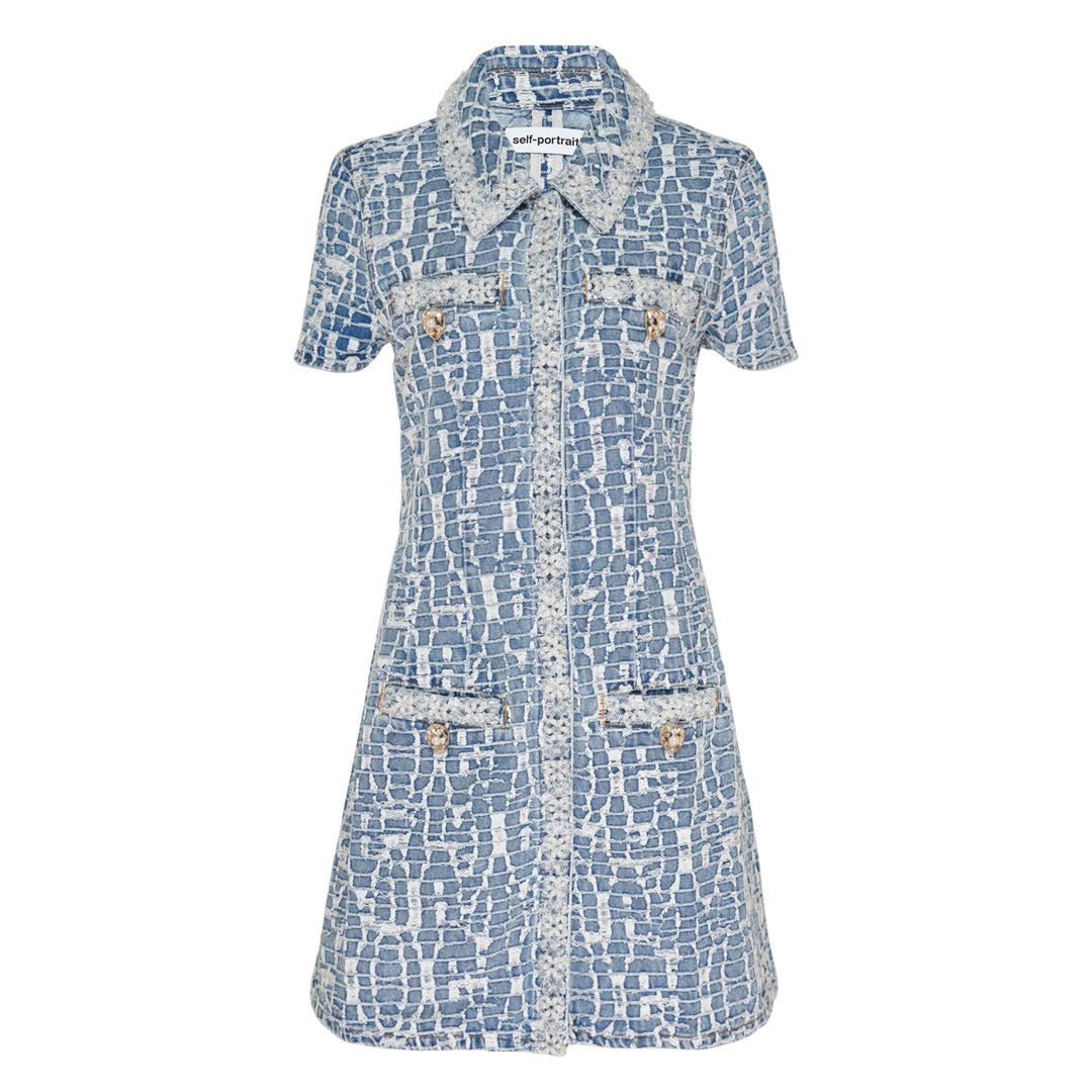 Self-Portrait blue textured tweed-effect denim mini dress with spread collar, lace trim detail, gold lion-head buttons, chest and patch pockets, and short sleeves