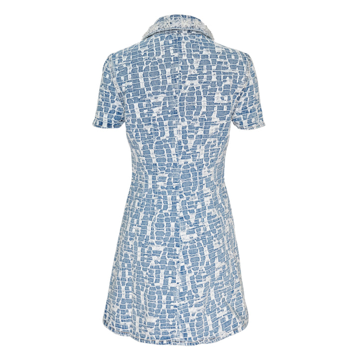 Self-Portrait blue textured tweed-effect denim mini dress with spread collar, lace trim detail, gold lion-head buttons, chest and patch pockets, and short sleeves