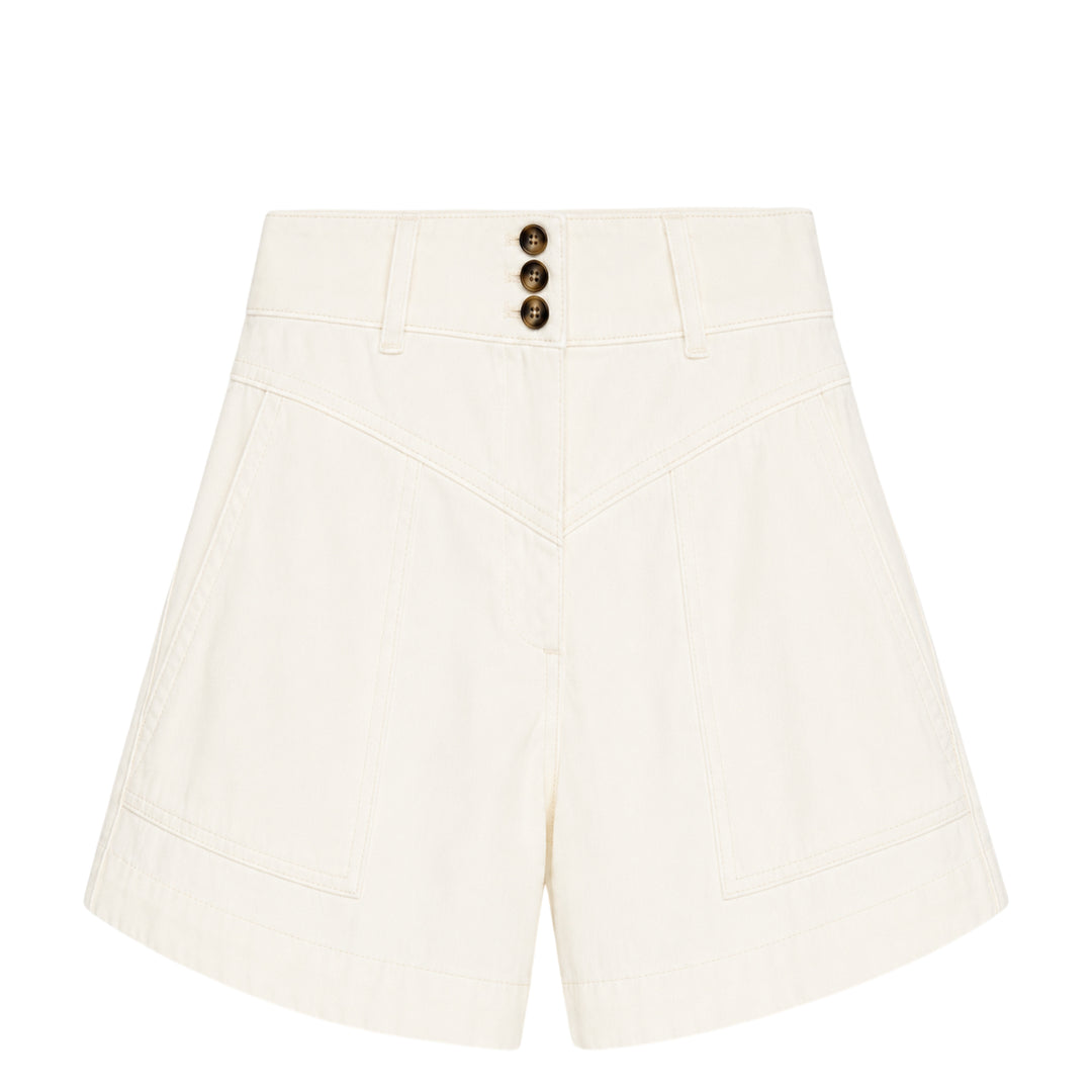 Self-Portrait cream denim high-waist shorts with wide-leg A-line silhouette, triple-button closure, and large front patch pockets
