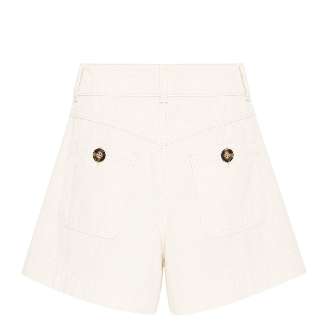 Self-Portrait cream denim high-waist shorts with wide-leg A-line silhouette, triple-button closure, and large front patch pockets