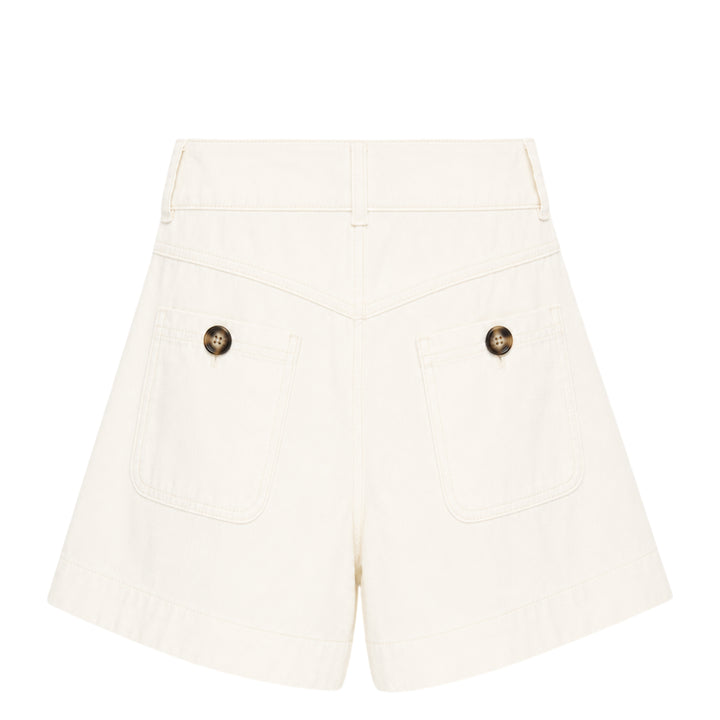 Self-Portrait cream denim high-waist shorts with wide-leg A-line silhouette, triple-button closure, and large front patch pockets