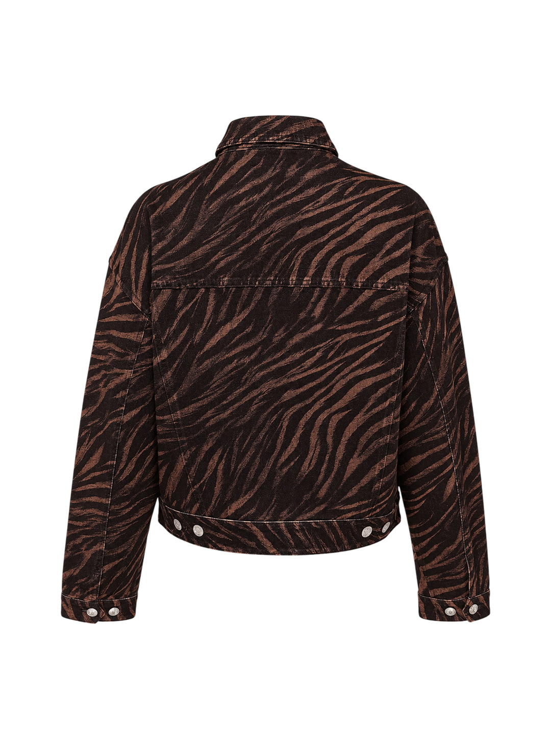 rag & bone Miramar Ponte Zebra Trucker Jacket in tonal brown and black zebra print with silver snap-button closures and dual chest pockets, front view on white background - view 2