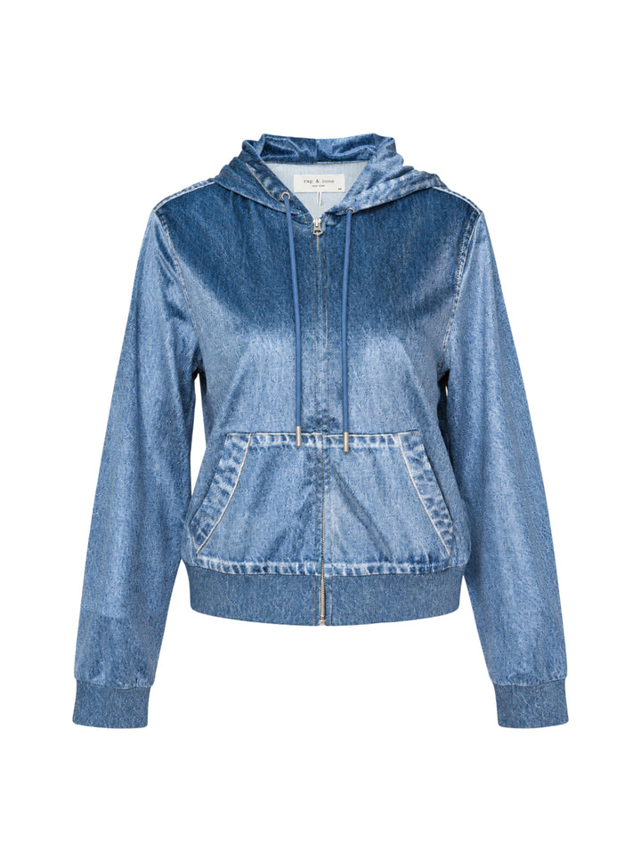 rag & bone Miramar Velvet Zip Hoodie in blue denim-look velvet with drawstring hood, full-length zip, and kangaroo front pocket