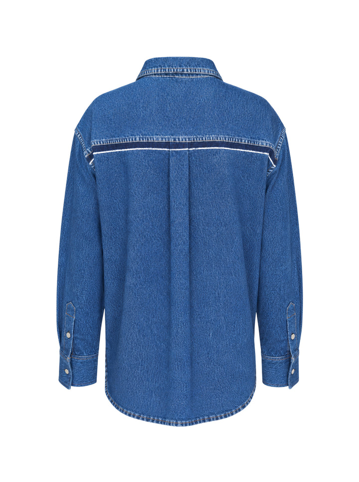 rag & bone Miramar Terry Denim Shirt in mid-blue wash with vertical contrast stripe seam detailing, snap-button fastening, point collar, and drop-shoulder silhouette — front view - view 2