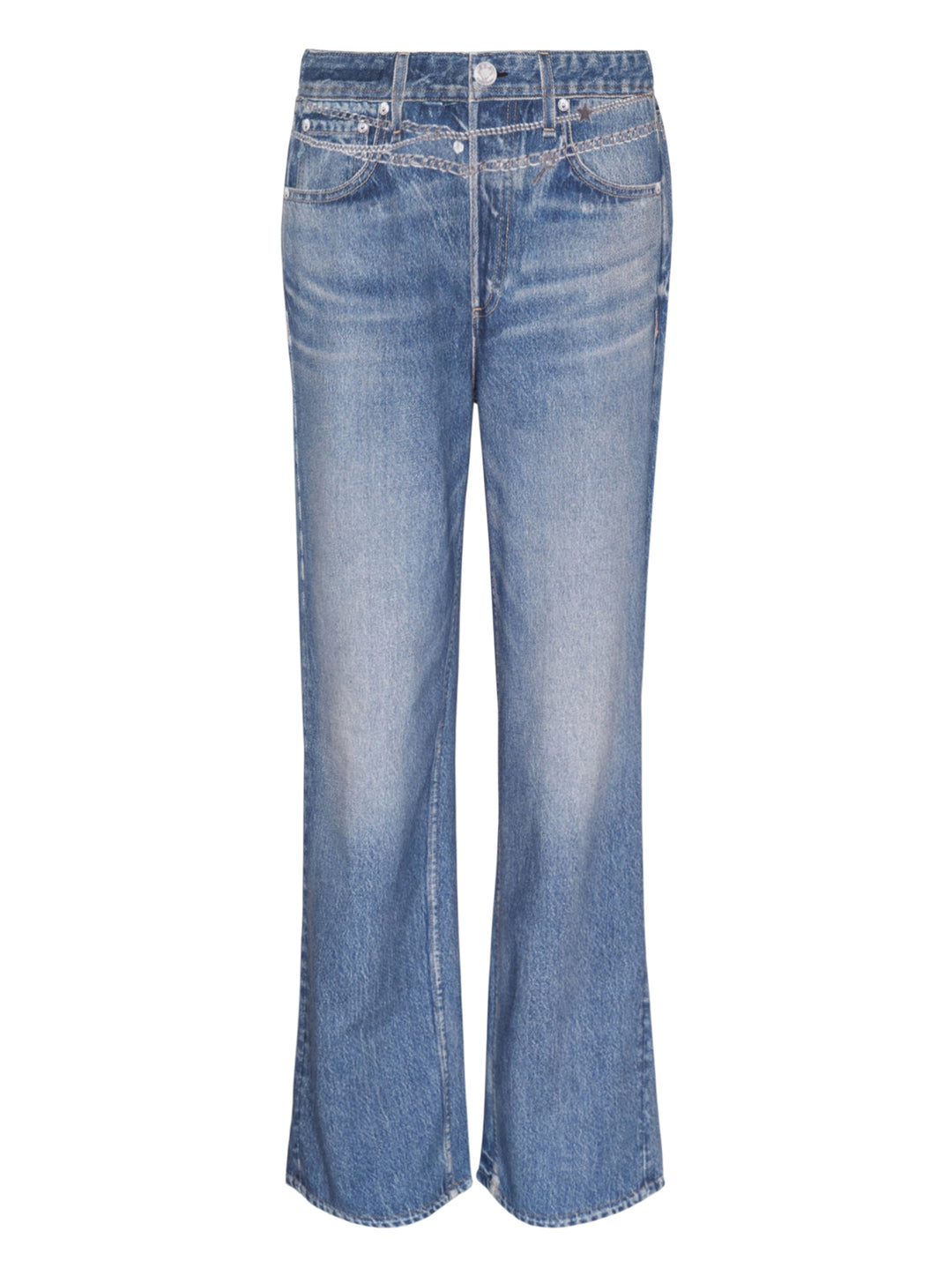 rag & bone Miramar Charm Wide Leg Jeans in mid-blue faded wash with silver chain trim along the waistband, five-pocket detailing, and a relaxed straight-leg silhouette
