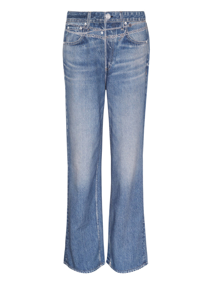 rag & bone Miramar Charm Wide Leg Jeans in mid-blue faded wash with silver chain trim along the waistband, five-pocket detailing, and a relaxed straight-leg silhouette