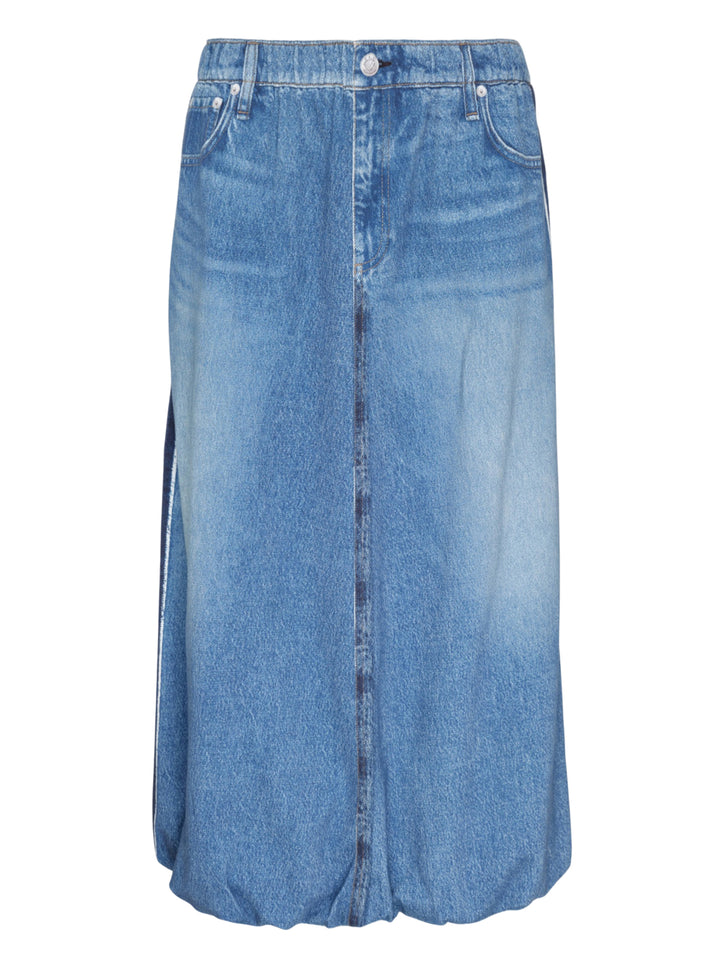 rag & bone Miramar Terry Bubble Skirt in light wash blue denim, featuring a front centre seam, bubble hem, and five-pocket construction