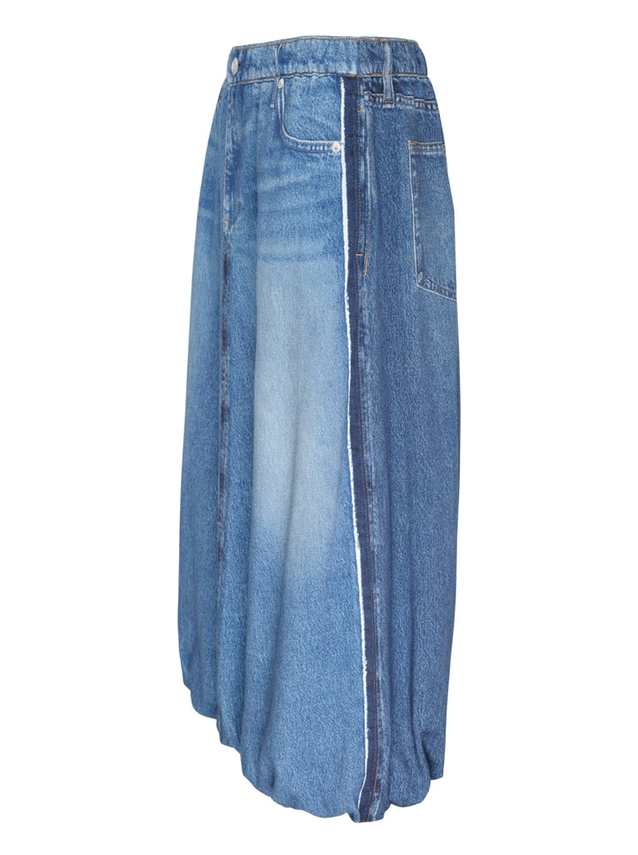 rag & bone Miramar Terry Bubble Skirt in light wash blue denim, featuring a front centre seam, bubble hem, and five-pocket construction - view 3
