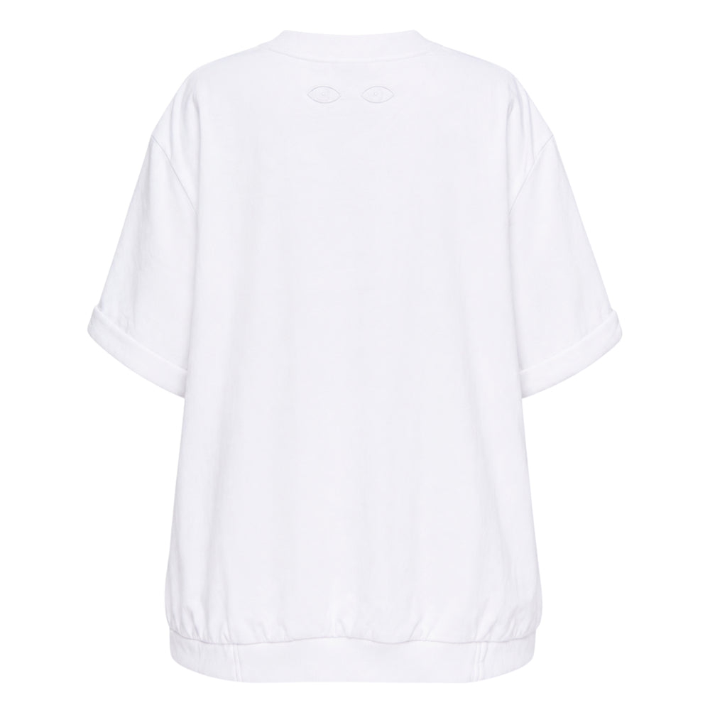 Melitta Baumeister Padded Tee in white, featuring padded shoulders, oversized silhouette, rolled short sleeves, elasticated ribbed hem, and tonal logo patch at chest — front view on white background - view 2